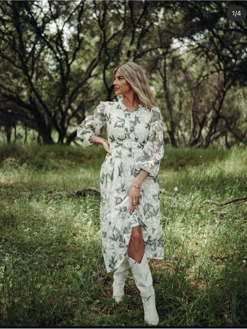 White Midi Dress with Green Leaf Print and Belt